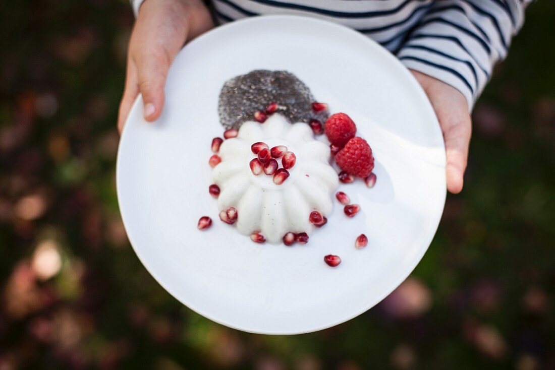 Hands holding a plate of panna cotta with chia seeds, pomegranate seeds and raspberries