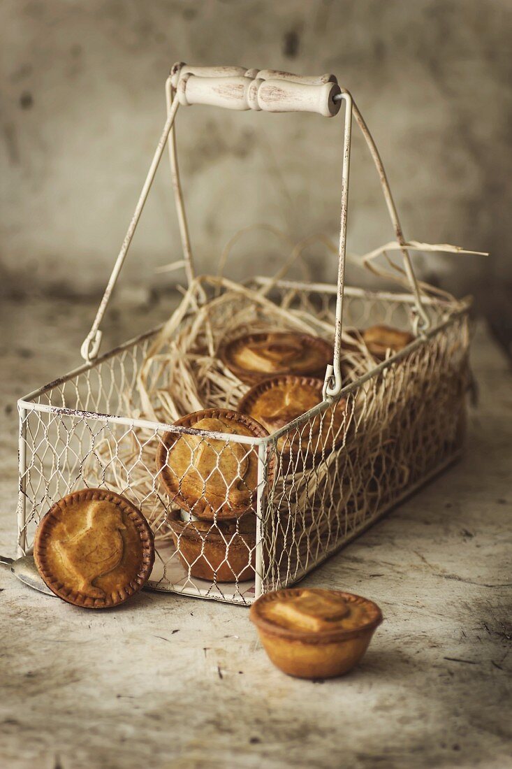 Easter pies in a wire basket