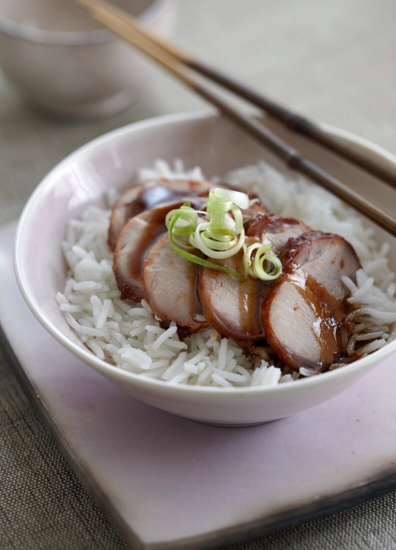 Gegrilltes Schweinefleisch auf Reis (China)