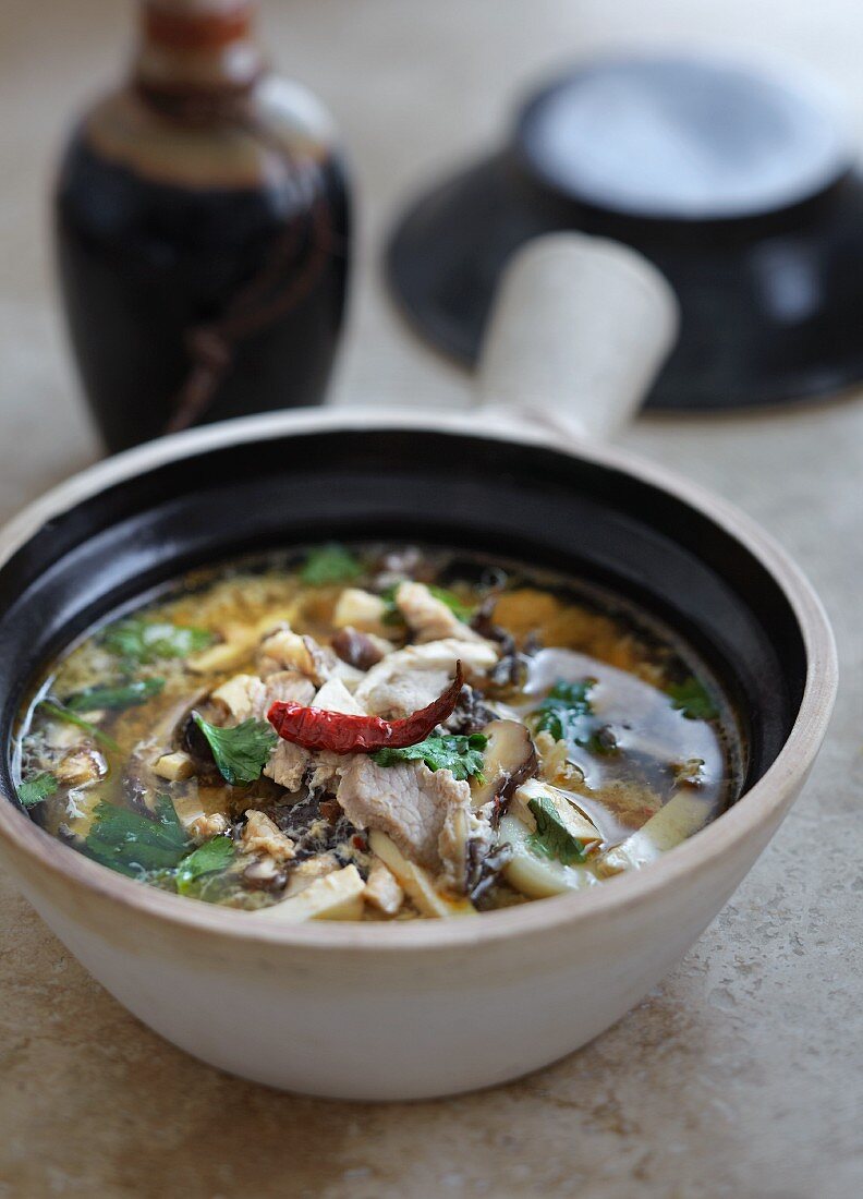 Spicy sour soup with chicken and coriander (China)