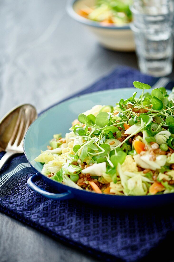 Fried rice with eggs, summer vegetables and herbs