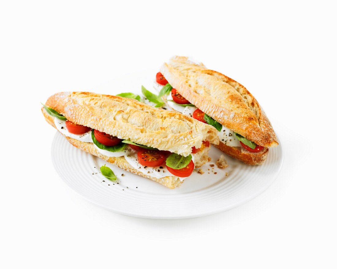 Tomato, mozzarella and basil baguette sandwiches
