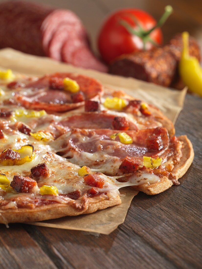 Gluten-free Tuscan salami pizza