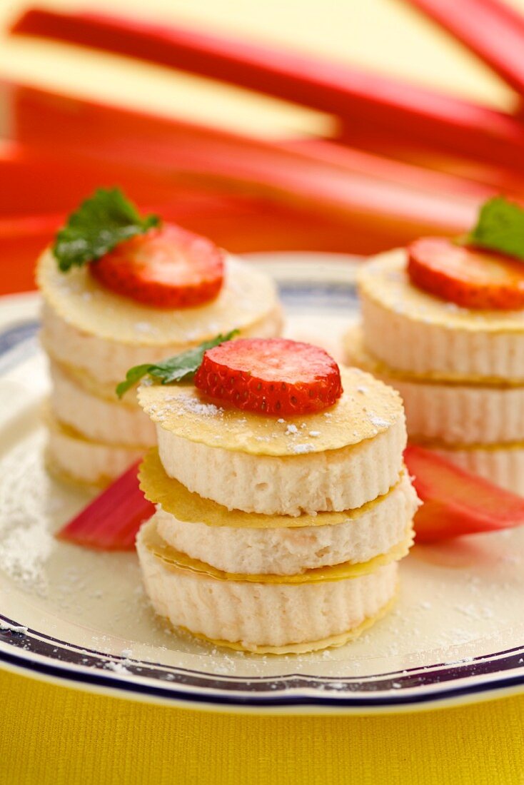 Rhubarb millefeuille with rhubarb foam and strudel leaves