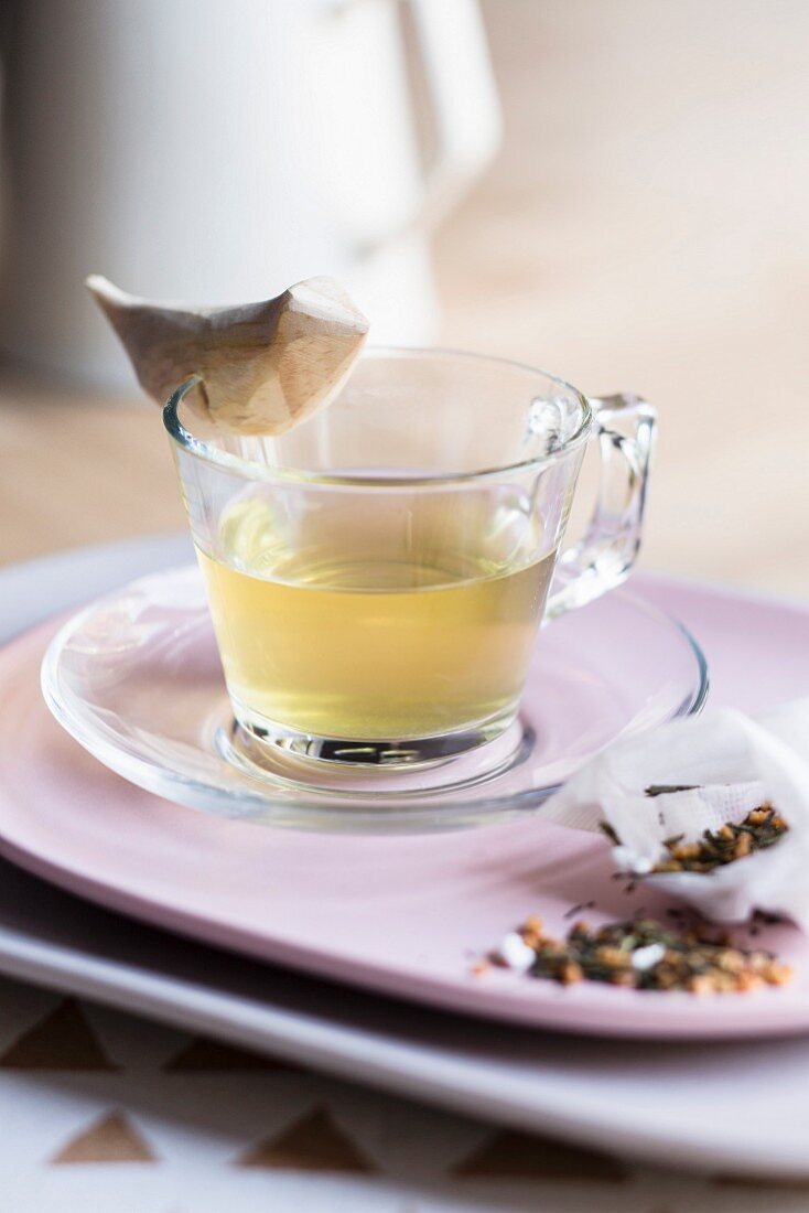 Genmaicha tea in a glass cup