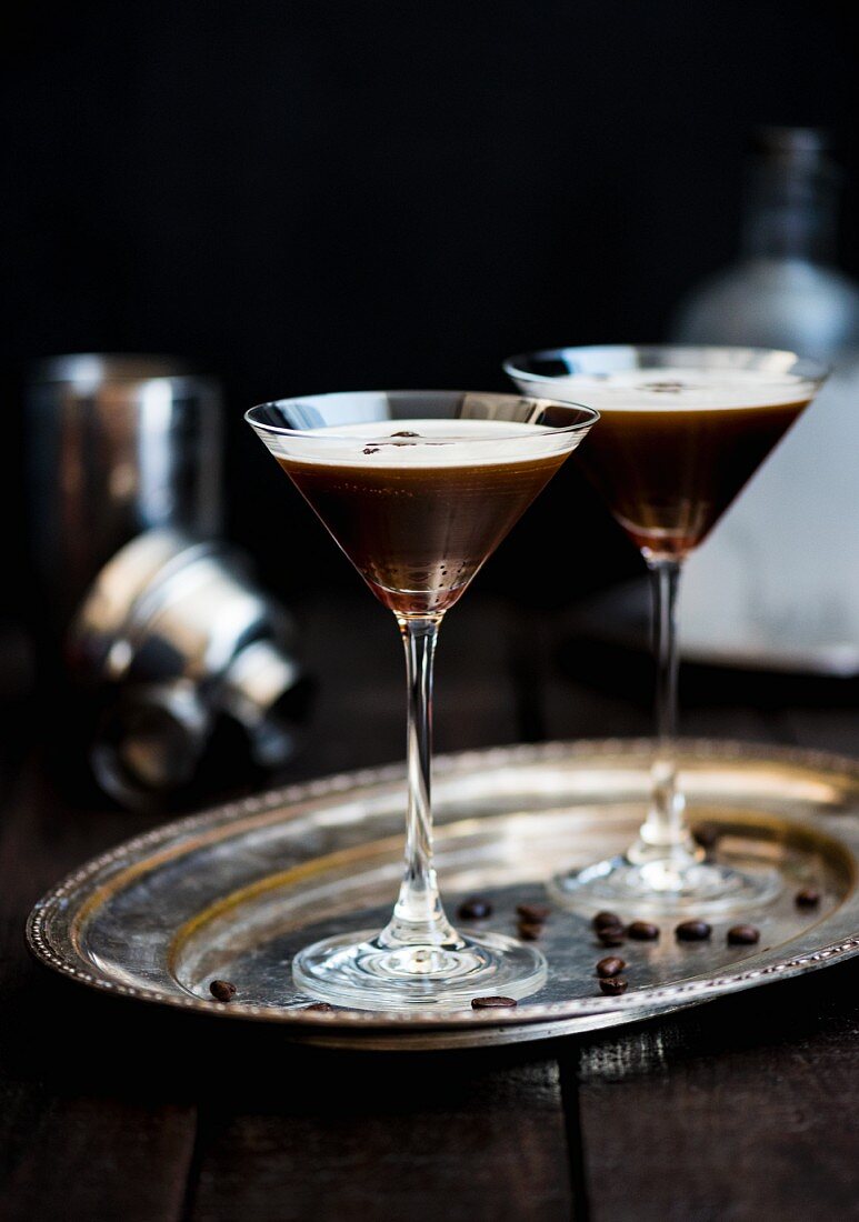 Two espresso Martinis on a silver tray