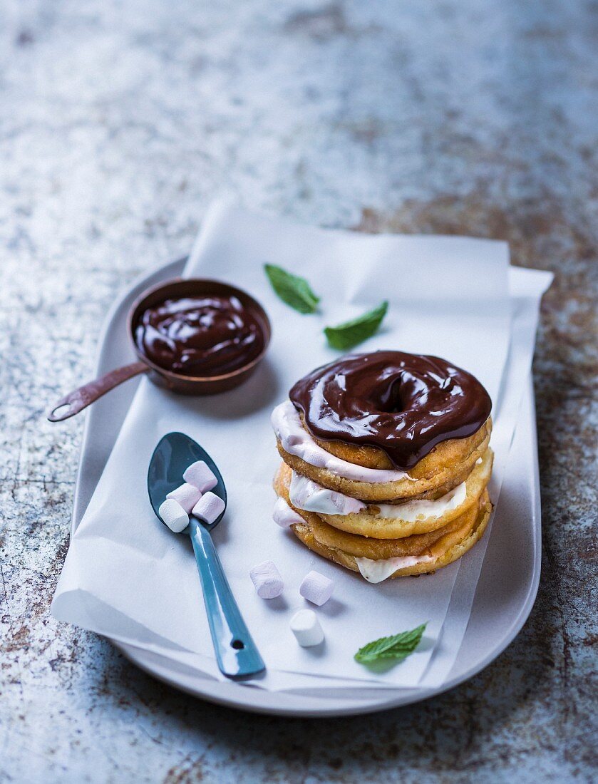 French toast with a marshmallow filling and chocolate glaze