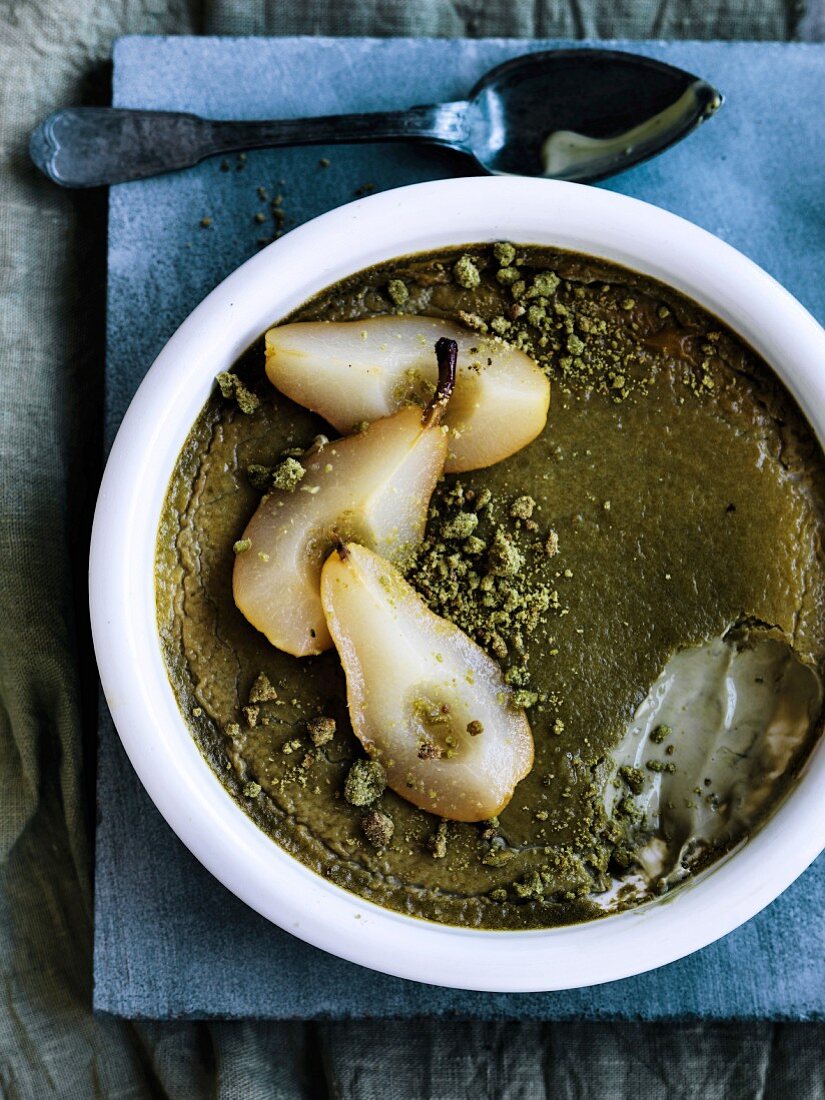 Baked matcha custard with ginger poached pears