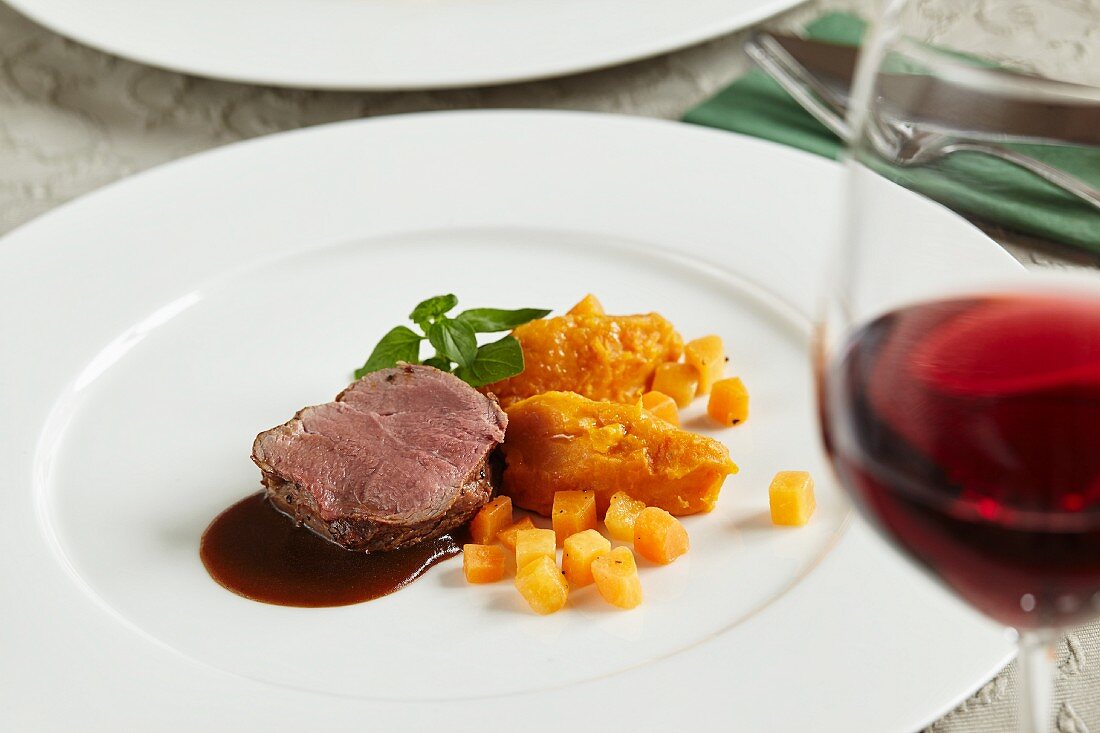 Saddle of venison on pumpkin purée