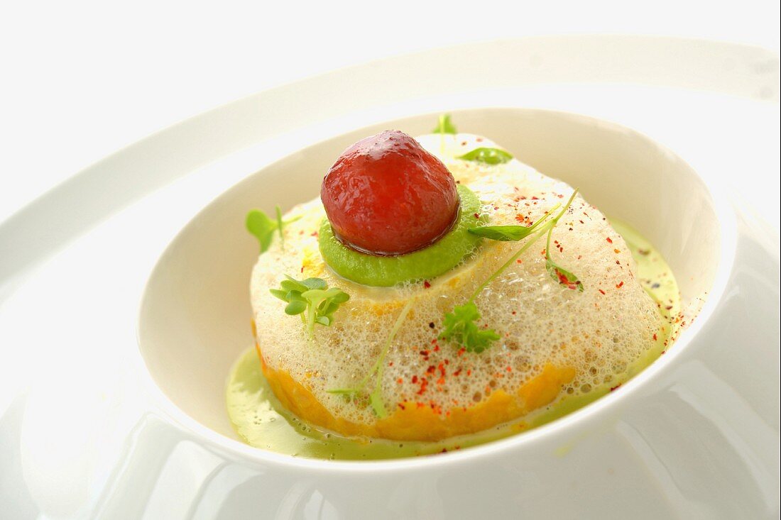 Steamed tofu with wasabi and tomatoes