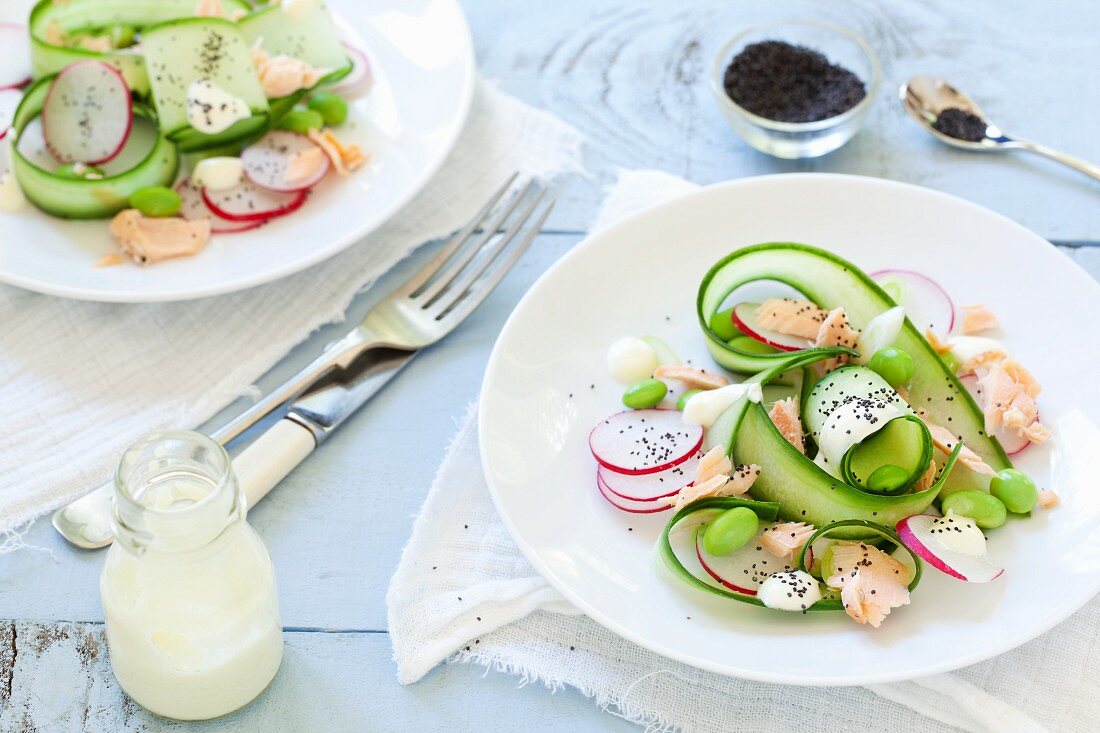 Heissgeräucherter Lachs mit Edamame-Gurken-Salat und Radieschen