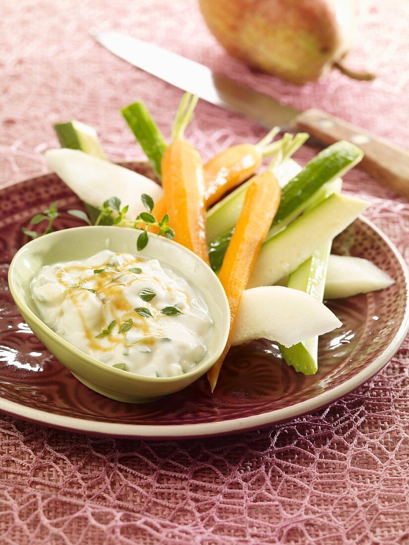 Gorgonzola dip served with vegetable sticks and pears
