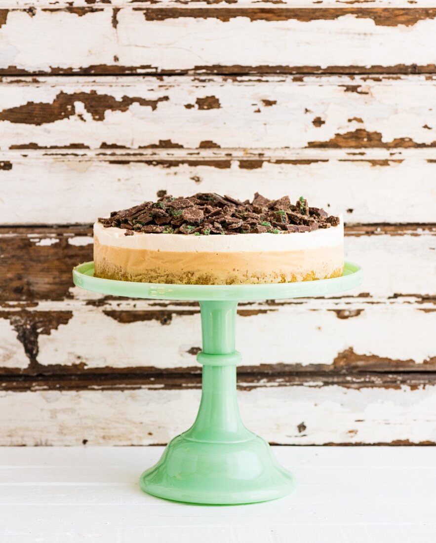 Ice cream cake with pieces of chocolate cake stand