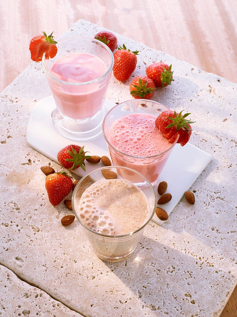 Frozen strawberry ayran, buttermilk with strawberries and almond milk