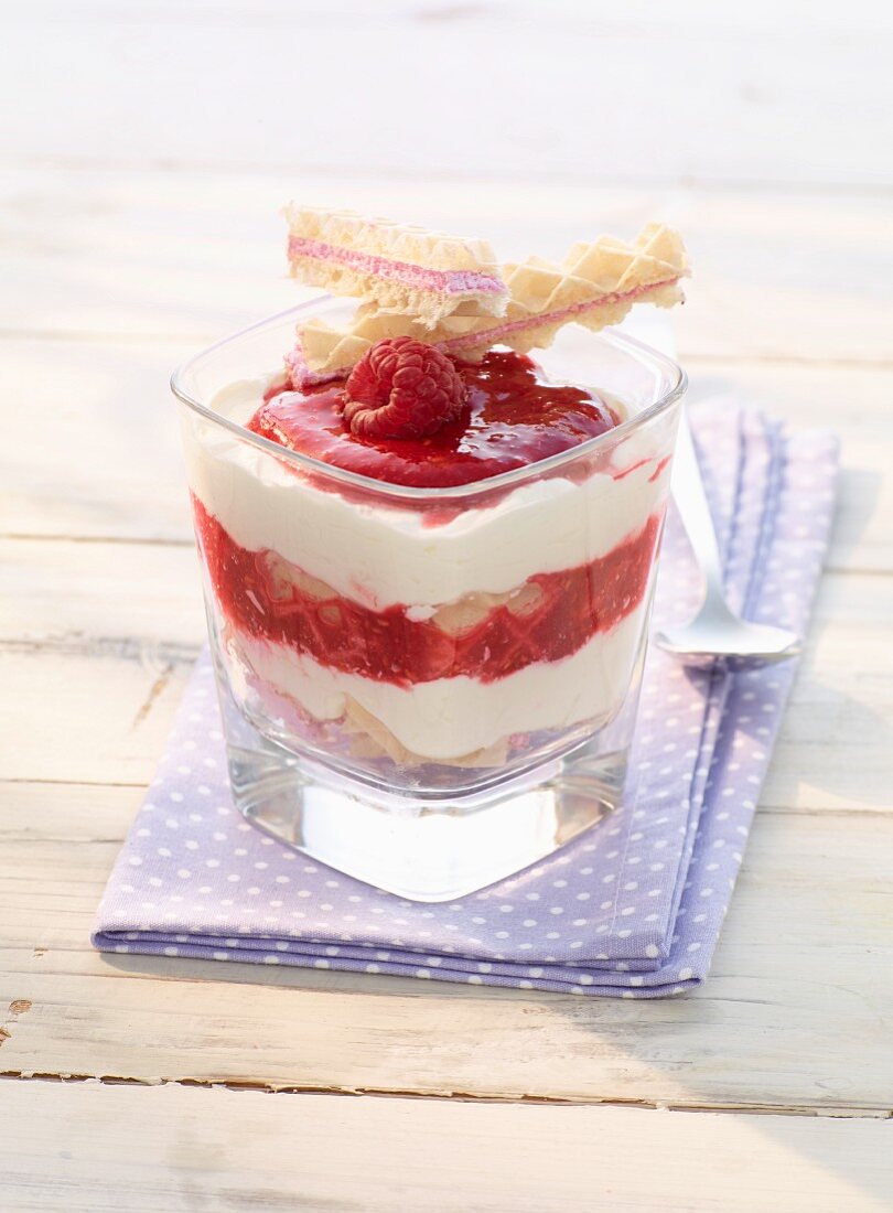 Raspberry and mascarpone cream with raspberry waffles
