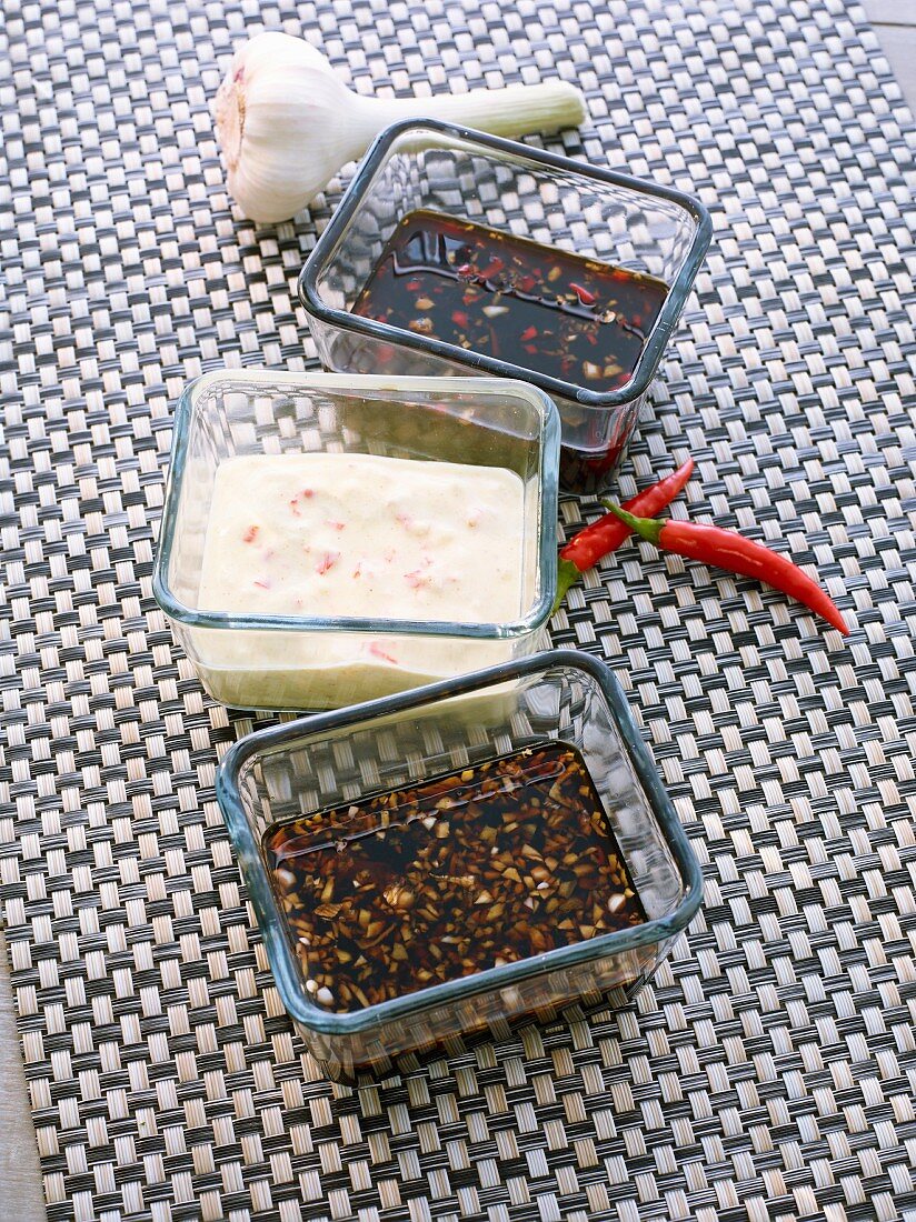 Three different marinades: Indian yoghurt marinade, teriyaki and hoisin