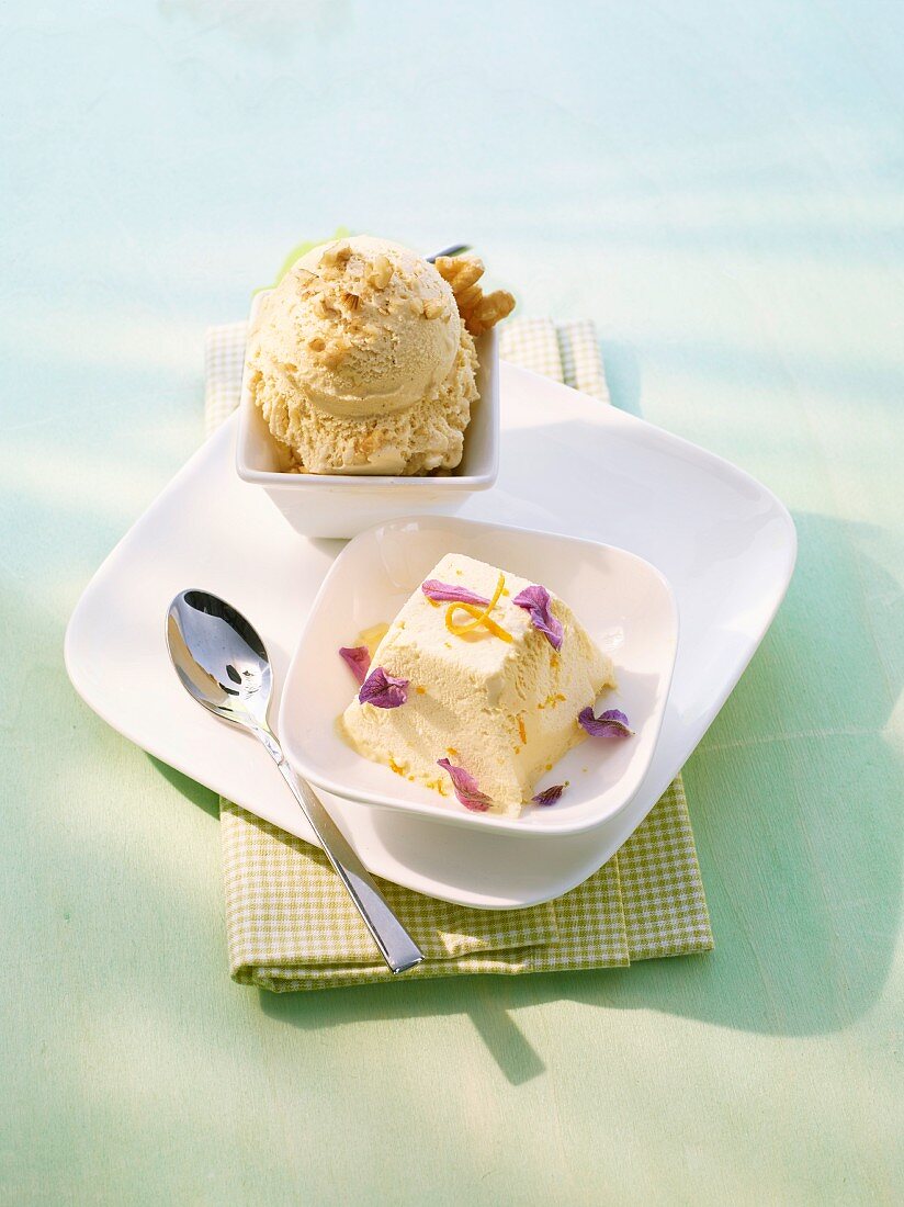 Nut ice cream and lavender ice cream
