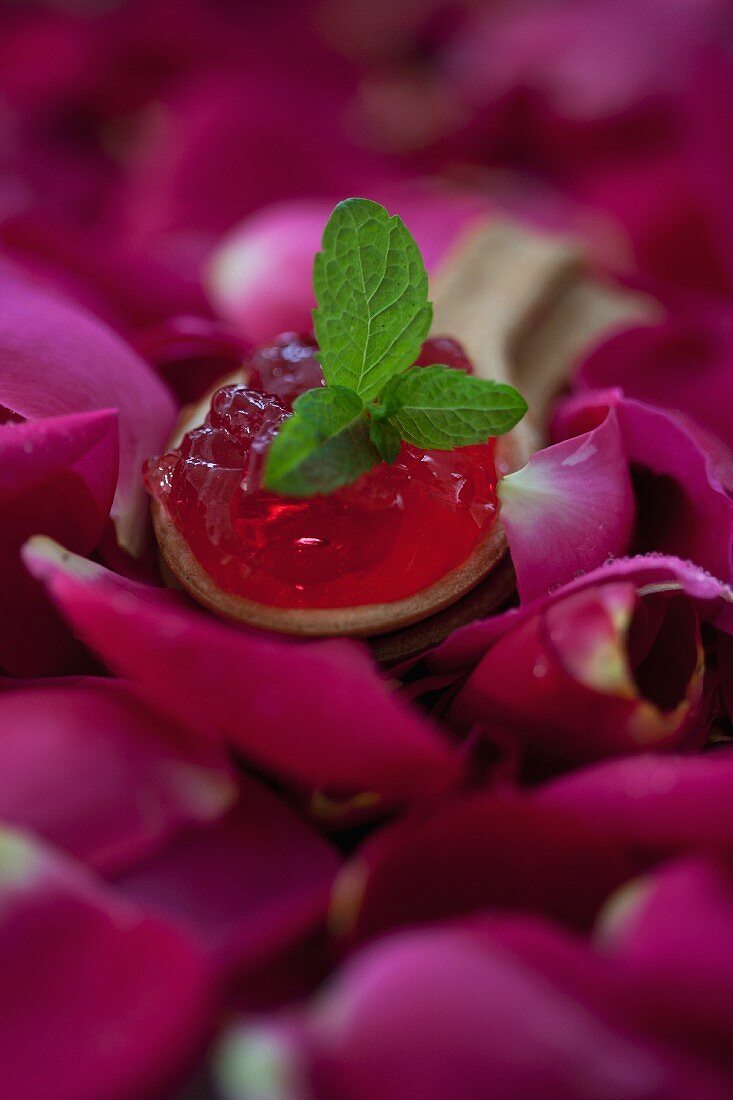 Gebackener Löffel gefüllt mit Rosengelee auf Rosenblütenblätter