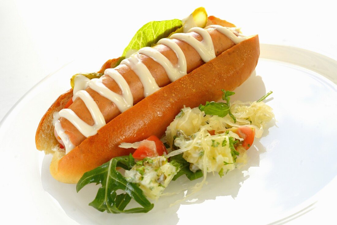 Hot dog with mayonnaise and salad