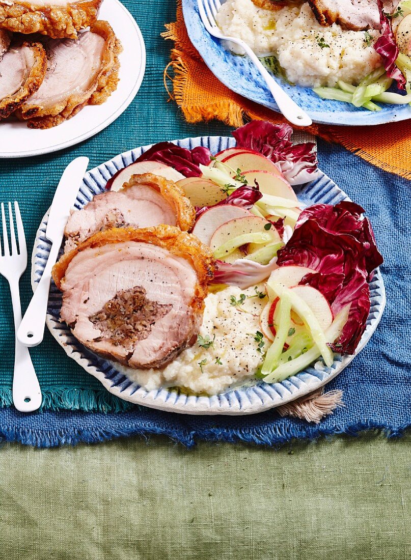 Walnut and fig roast pork with cauliflower mash