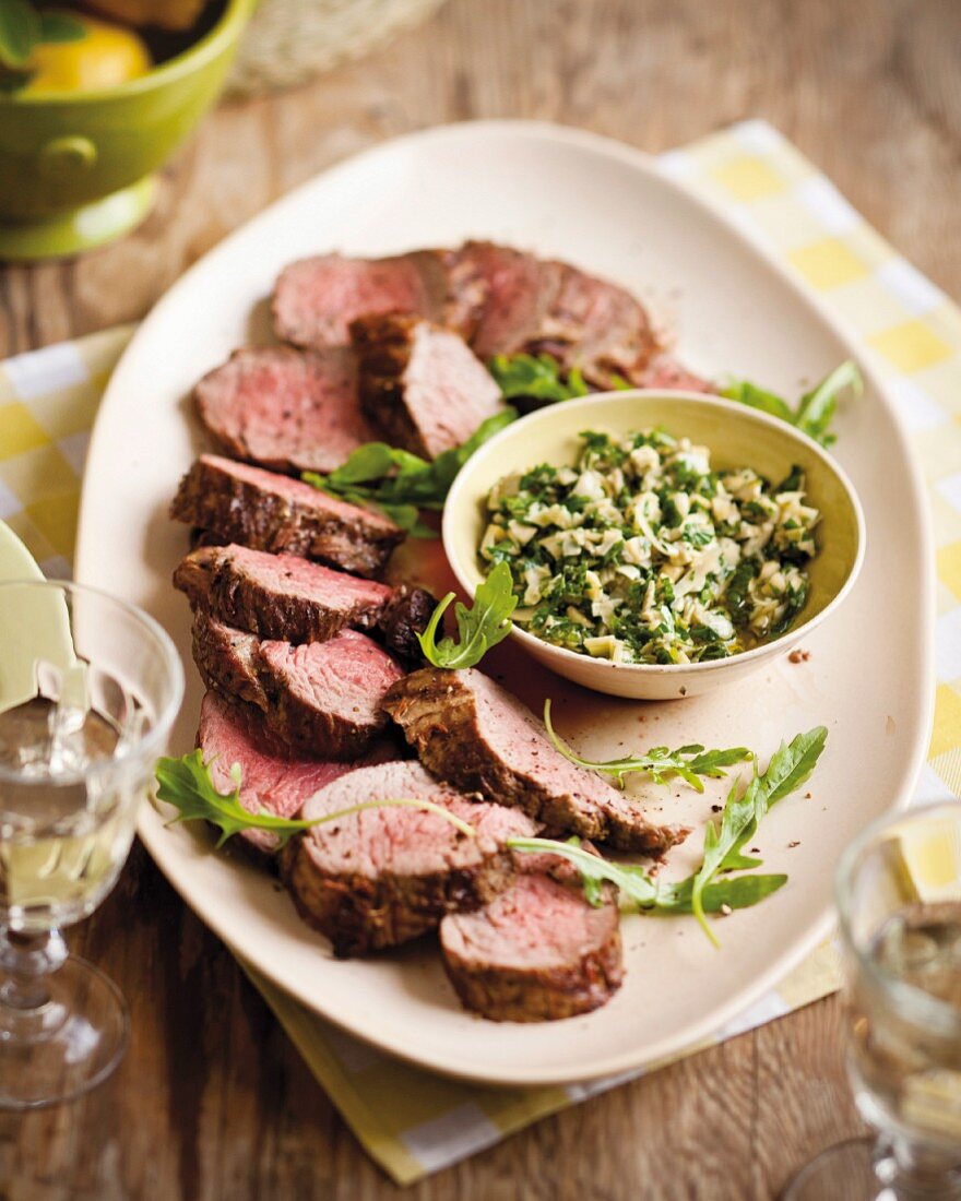 Grilled beef fillet with an almond and mint sauce