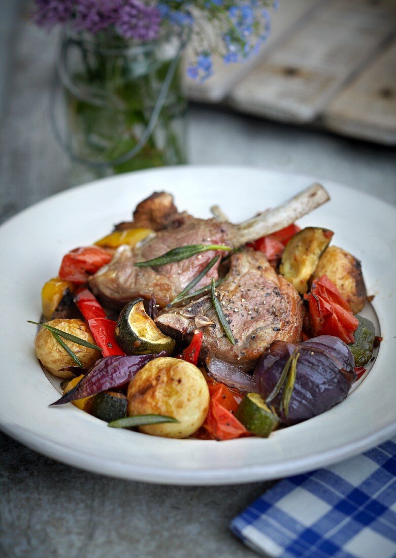 Lamb chops with oven-roasted vegetables
