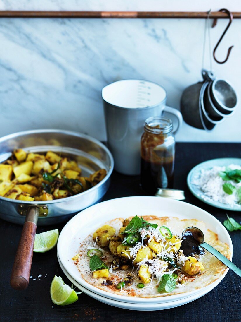 Dosai with spiced potatoes and tamarind chutney