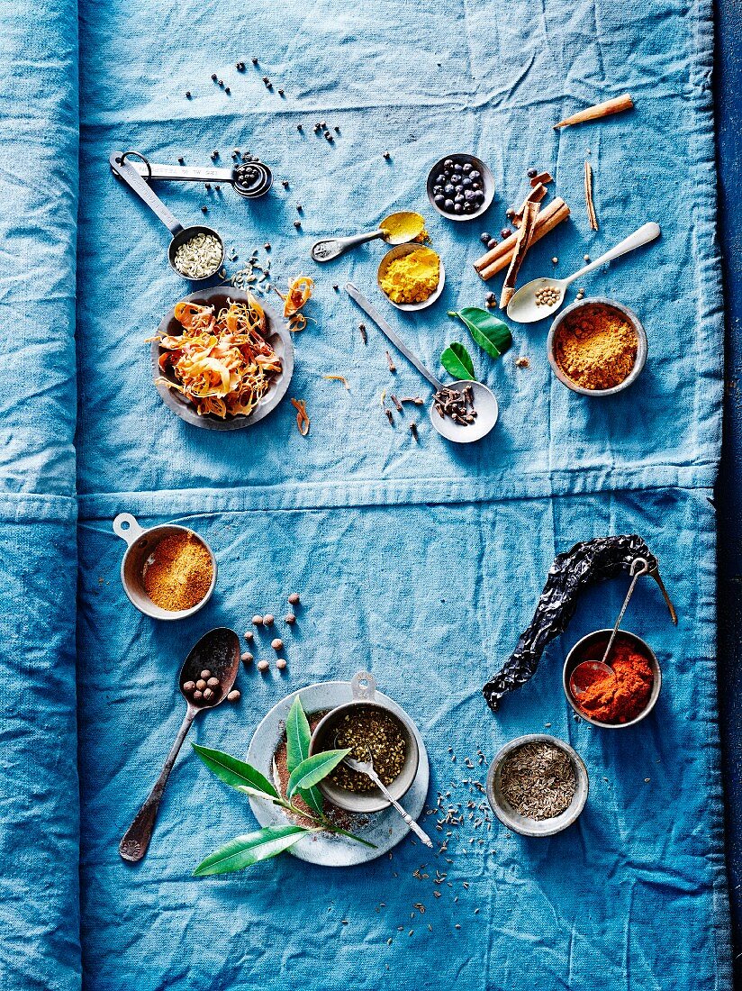 Various spices on a blue cloth