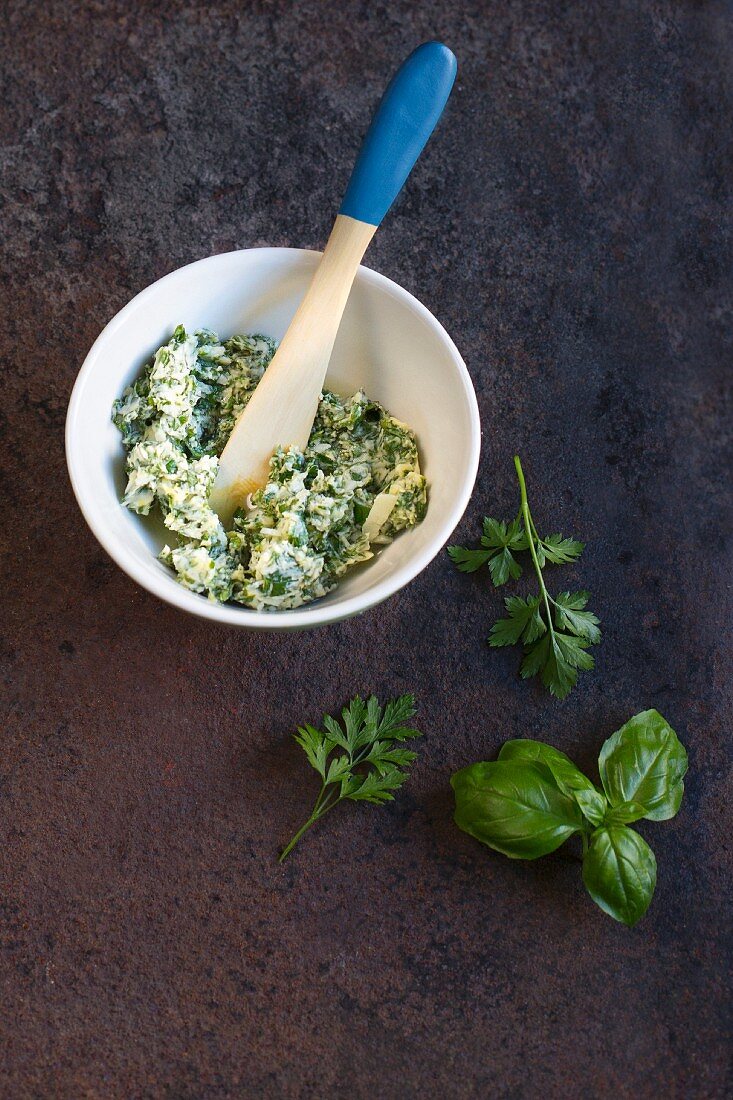 A bowl of herb butter