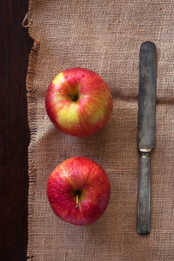 Zwei Äpfel mit antikem Messer auf Sackleinen (Aufsicht)