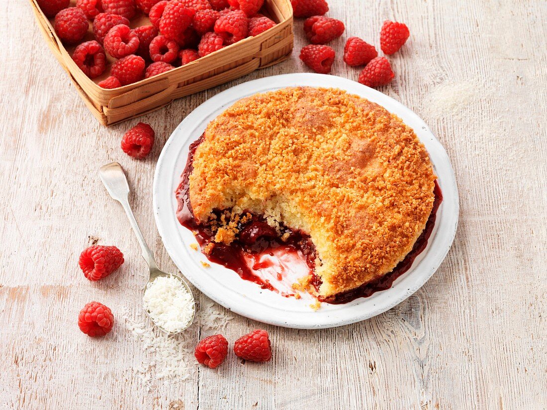 A raspberry and coconut macaroon on a white plate