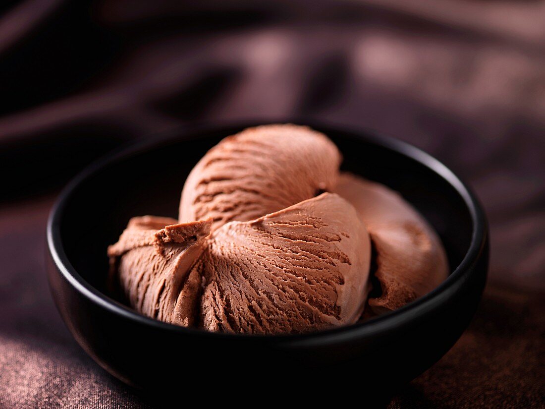 Chocolate ice cream in a black ceramic bowl