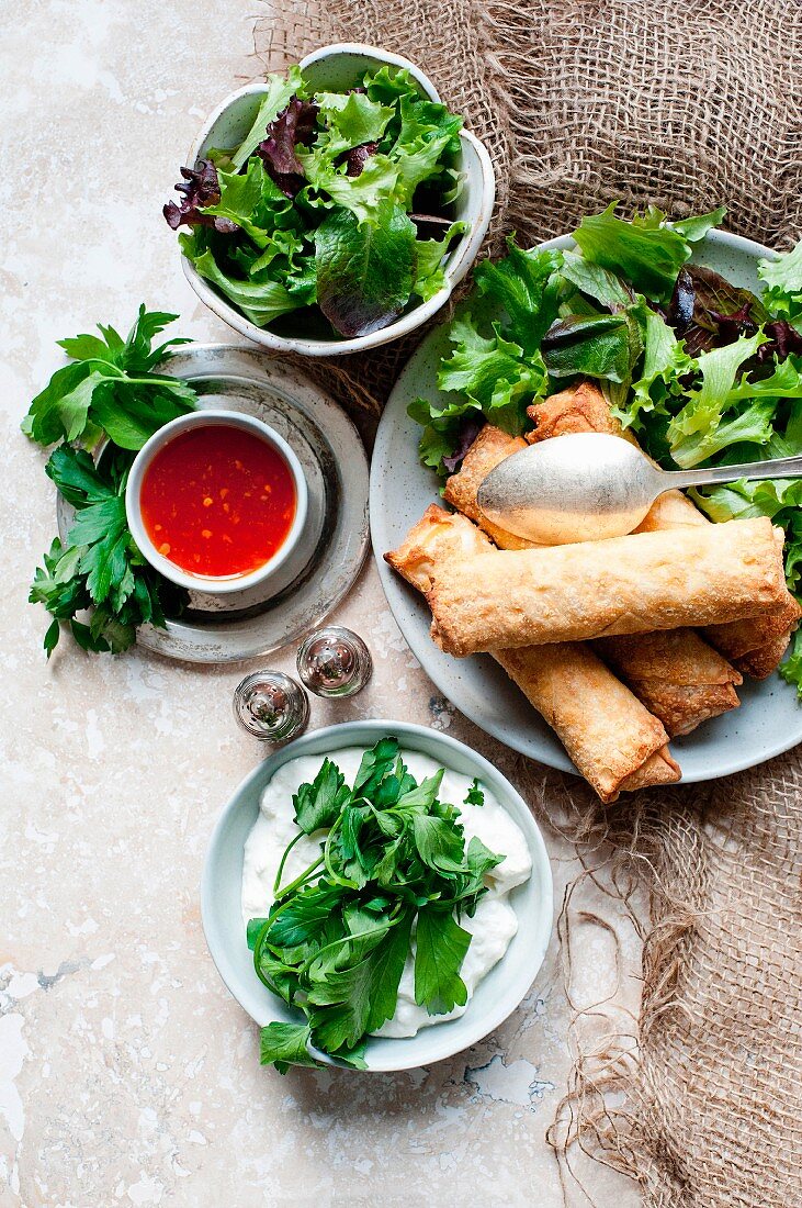 Frühlingsrollen mit Blattsalat und Sweet-Chili-Dip (Asien)