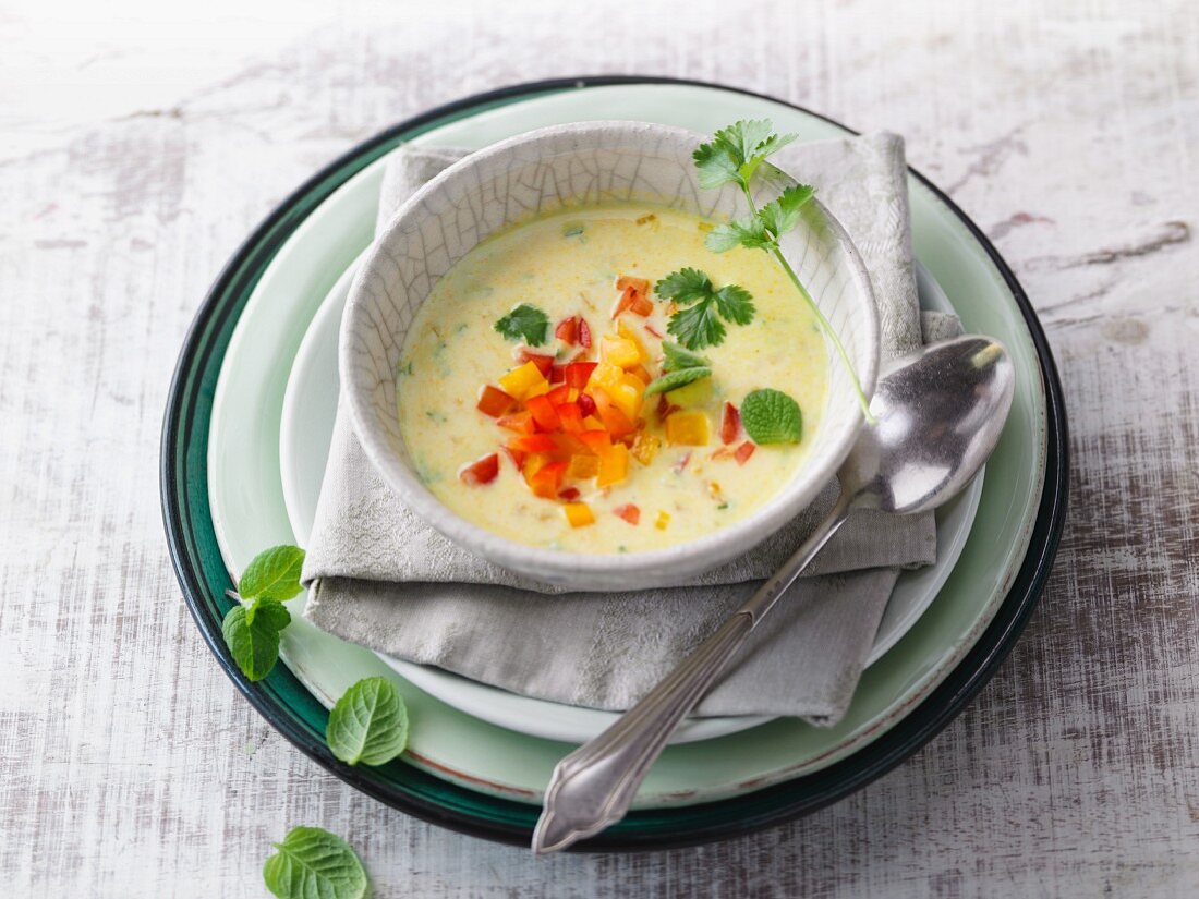 Spicy kefir soup with peppers and fresh herbs