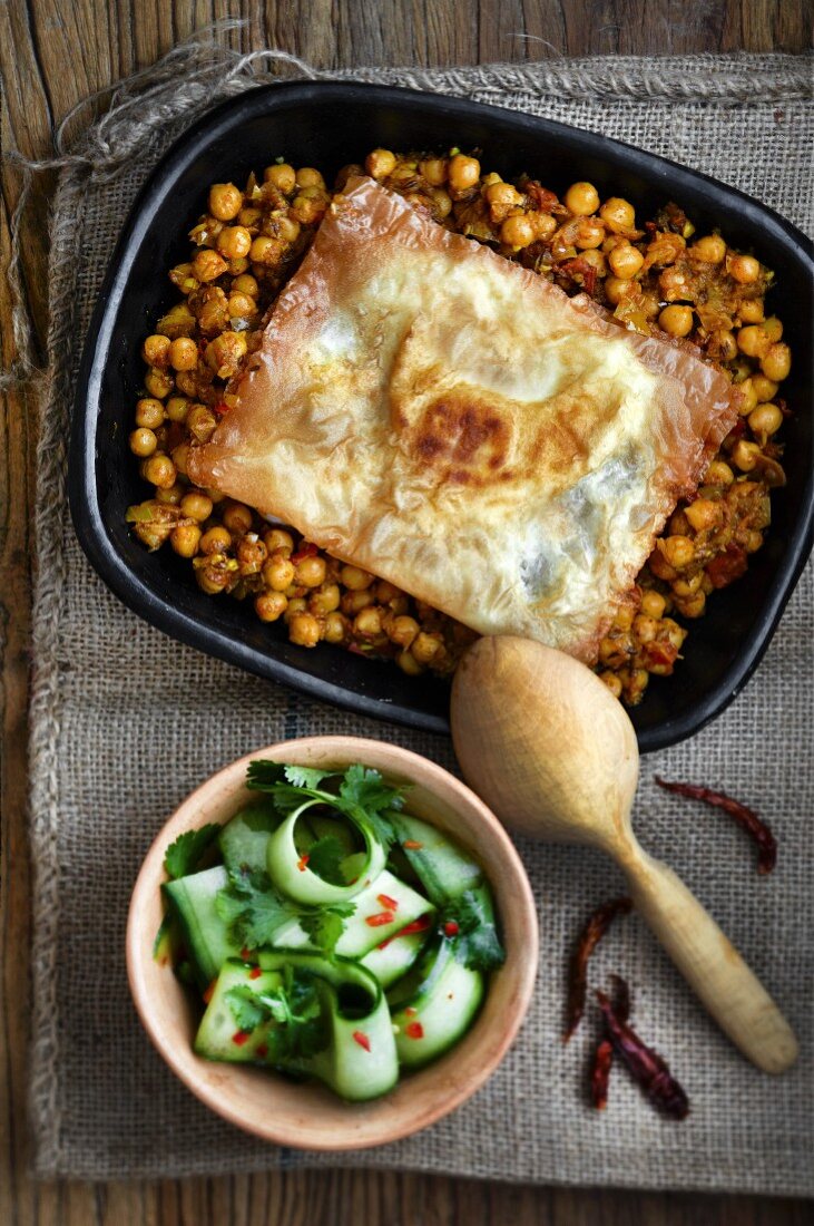 Moroccan chickpea bake with a spicy cucumber salad
