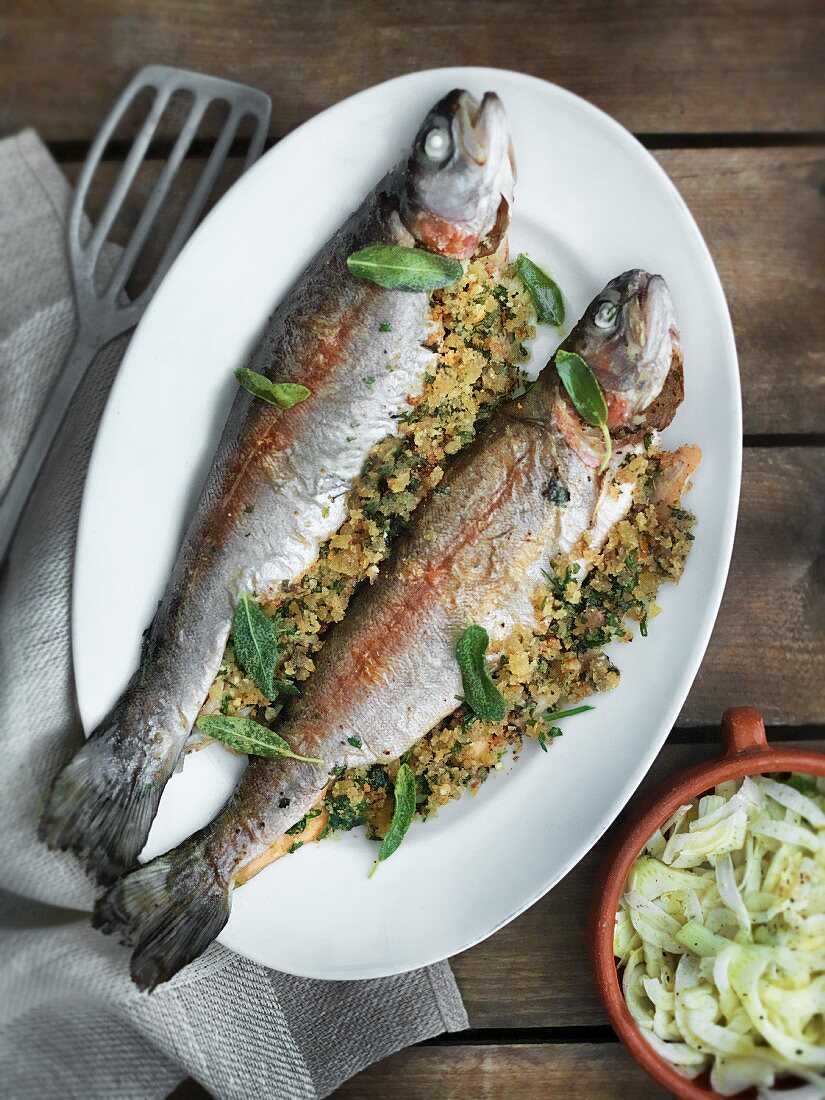 Trout with a breadcrumb and herb filling and a fennel salad