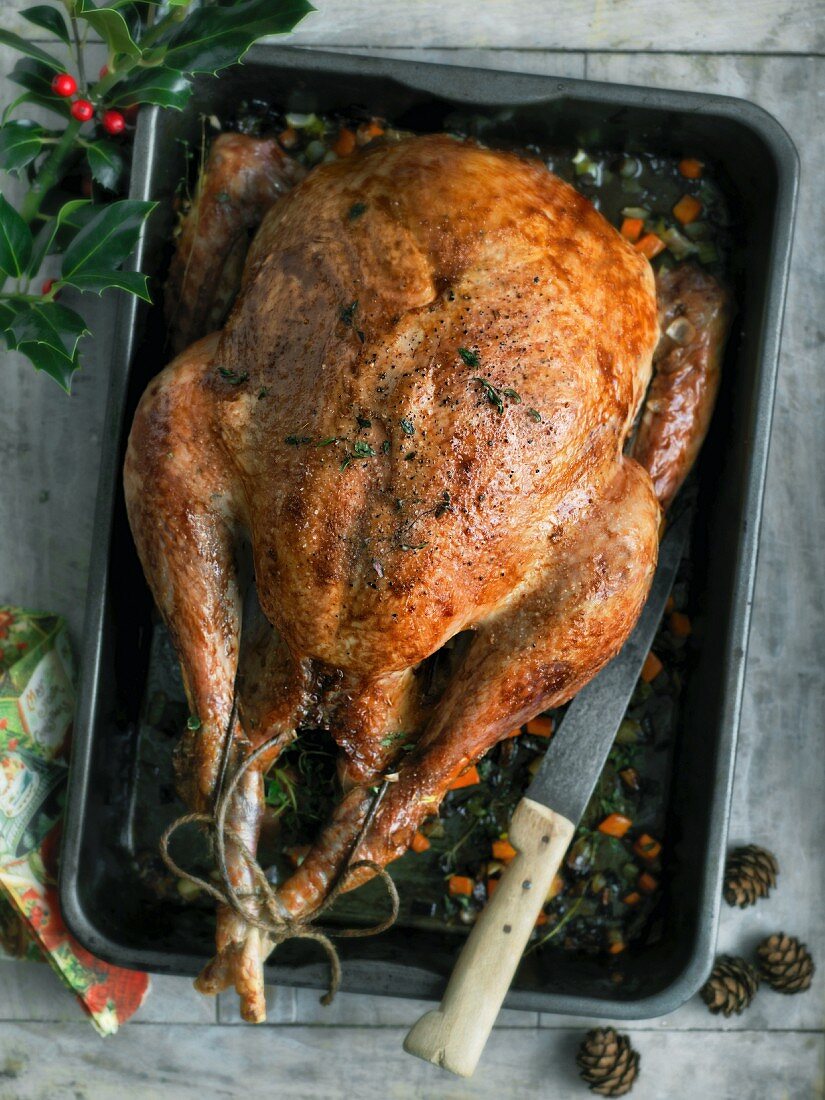Roast turkey in a roasting tin