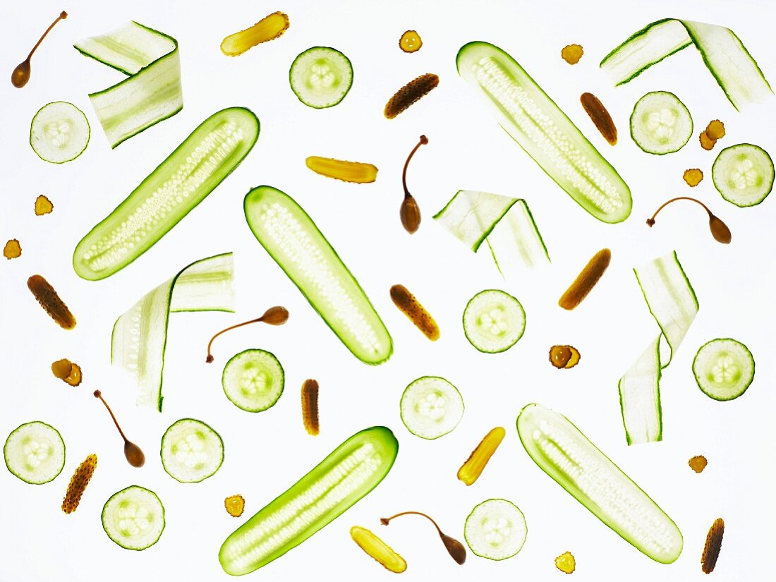 Fresh, back-lit cucumber and gherkins