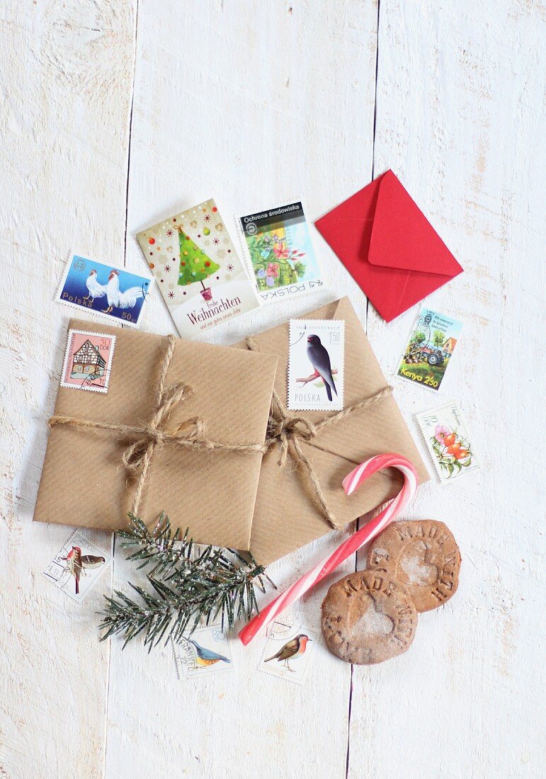 Christmas post on white wooden table