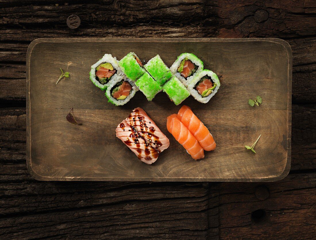 Various sushi with salmon