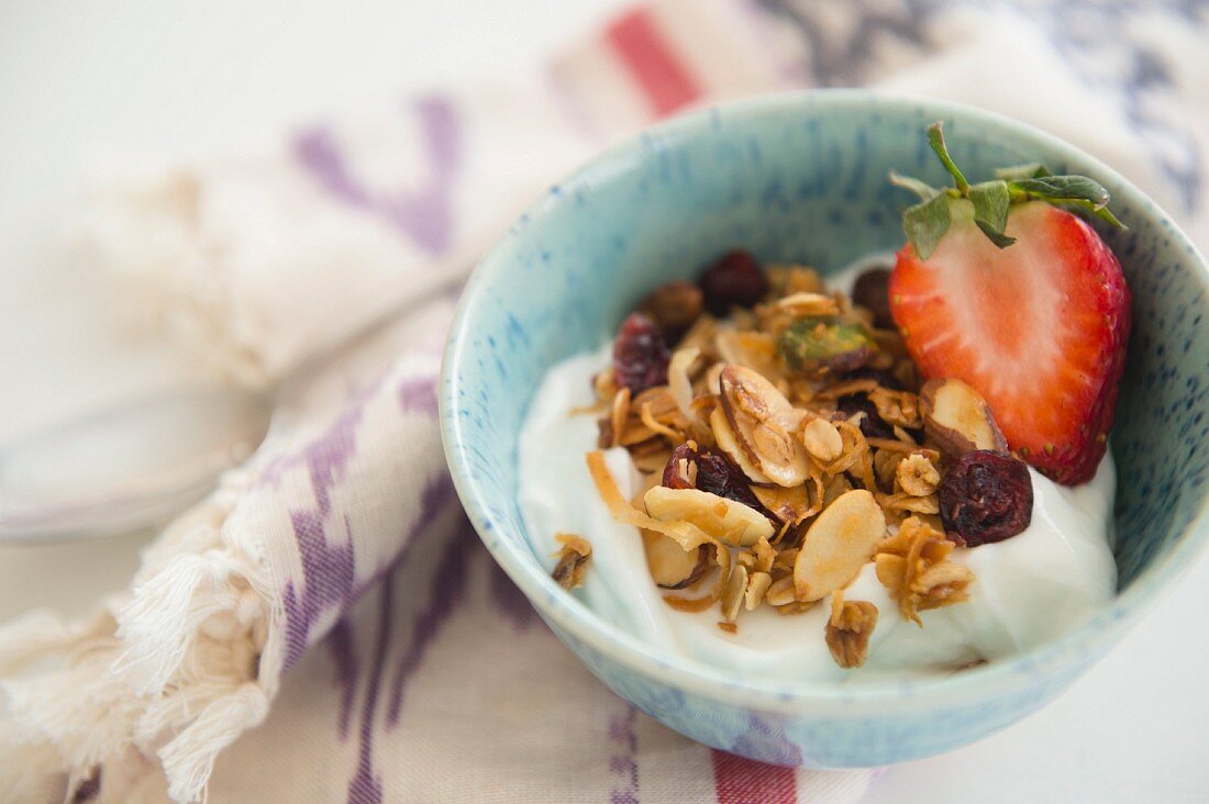 Joghurt mit Müsli & Erdbeere (Nahaufnahme)