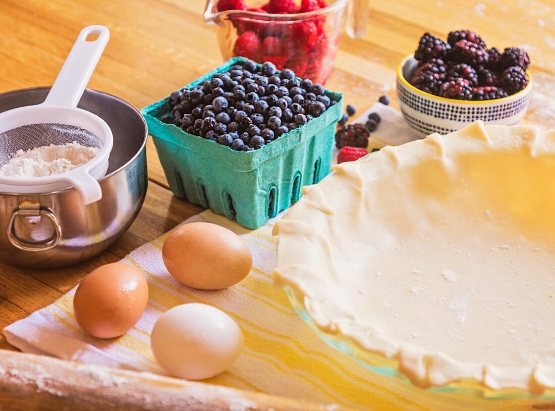 An arrangement of ingredients for berry tart