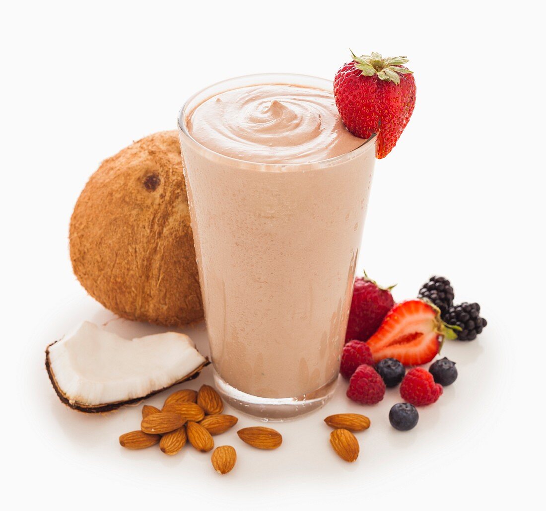 A berry smoothie with coconut and almonds