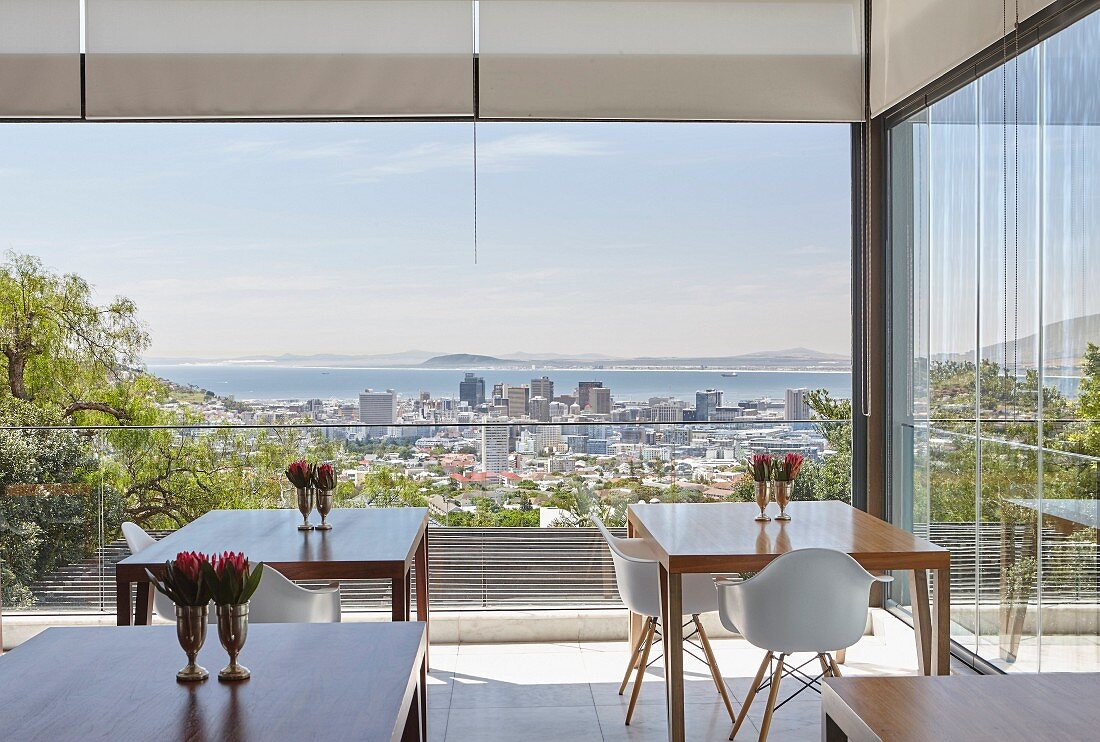 Elegant hotel café with panoramic view of Cape Town and the sea