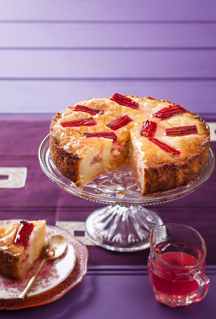 Rhubarb cake with rose water syrup