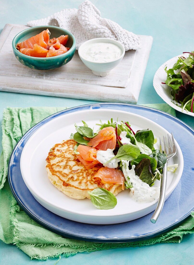 Vegetable fritters with smoked trout