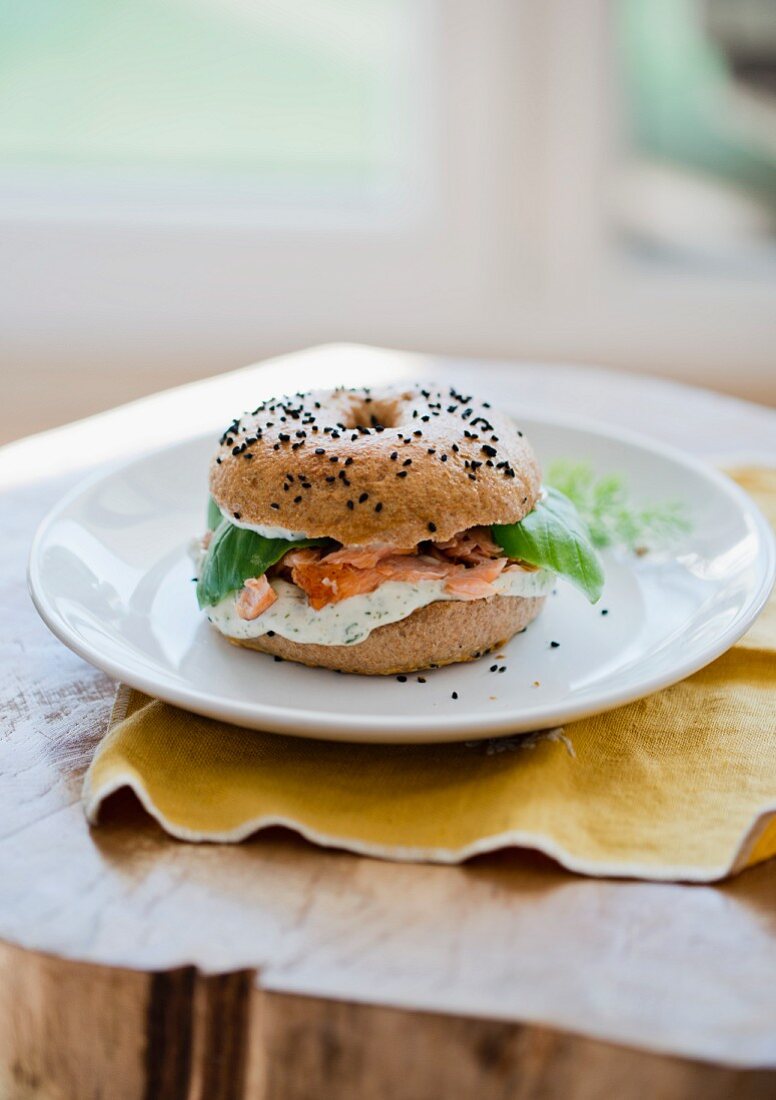 Lox and Cream Cheese Bagel Sandwich; White Background