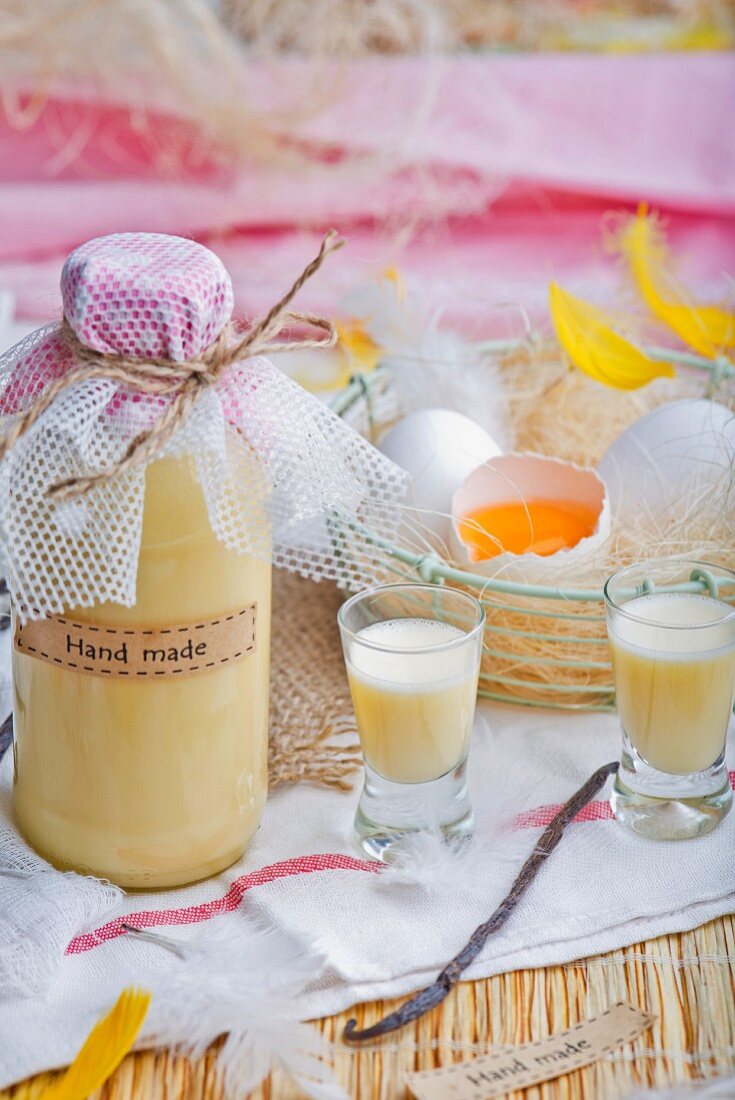 Homemade eggnog and a wire basket of fresh egg