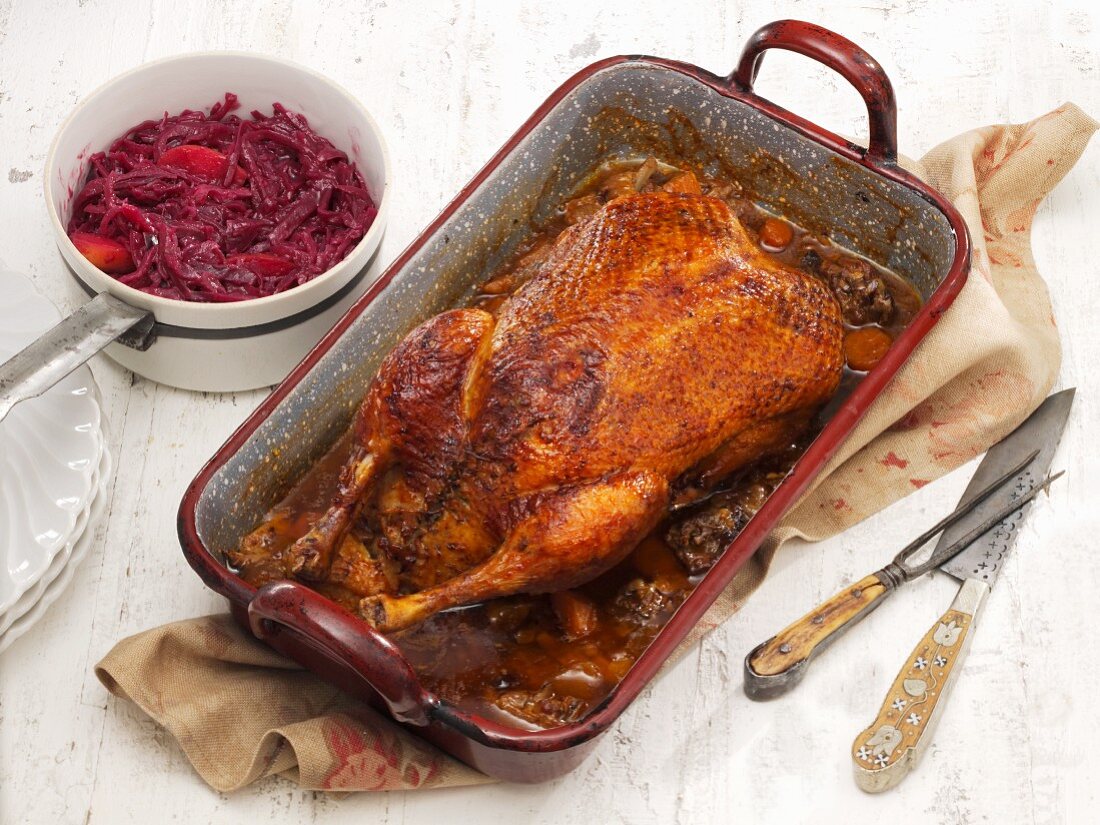 Roast duck with red cabbage