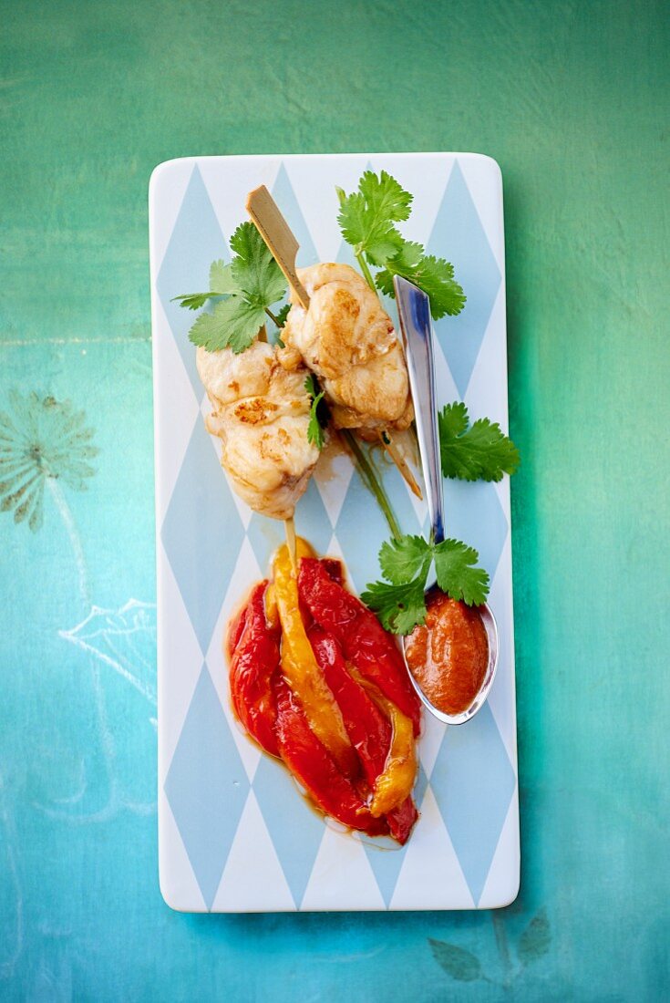 Monk fish skewers with pickled peppers